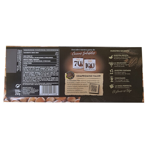 VALOR Chocolate negro con avellanas enteras 70% cacao sin gluten 250 g.