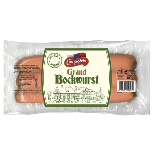 CAMPOFRÍO Salchichas cocidas y ahumadas de cerdo tipo Bockwurst CAMPOFRÍO Grand 400 g.