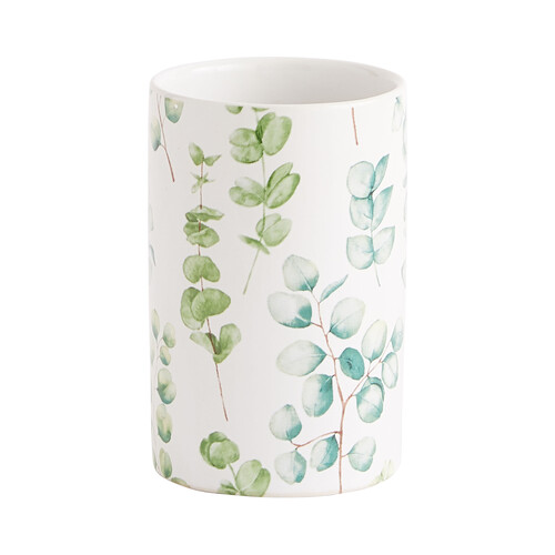 Vaso portacepillos de cerámica blanco con estampado eucaliptus, medidas: 7x10 cm, ACTUEL.