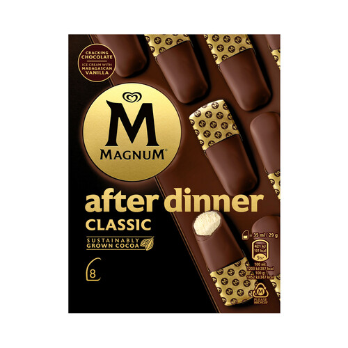 MAGNUM After dinner classic de frigo helado de vainilla cubierto de chocolate con leche 8 x 35 ml.