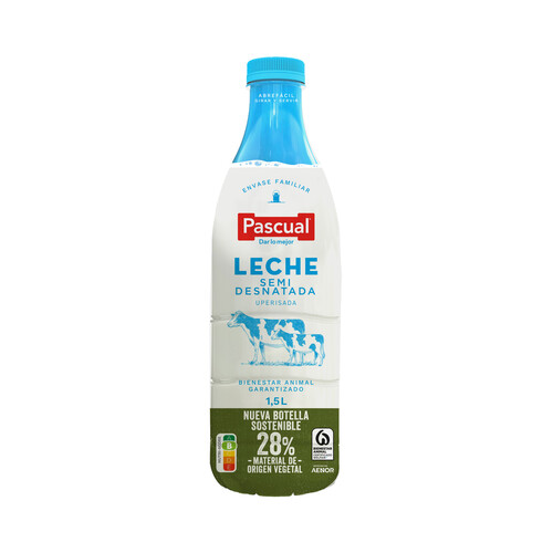 PASCUAL Leche de vaca semidesnatada, de bienestar animal garantizado 1.5 l.