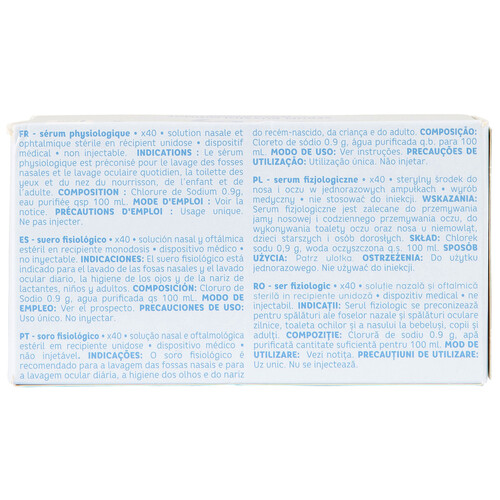 PRODUCTO ALCAMPO Baby Suero salino fisiológico estéril, en cómodas monodosis 40 x 5 ml.