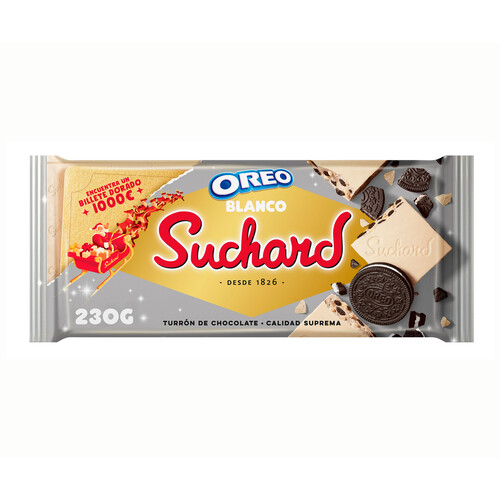 SUCHARD Turrón de chocolate blanco con trozos de galleta con cacao (Oreo) y arroz inflado 260 g.