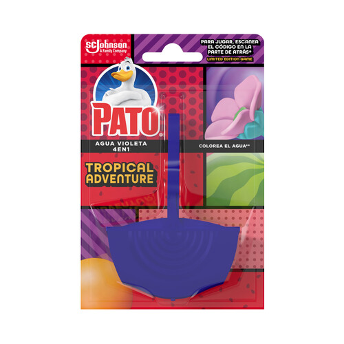 PATO Tropical adventure Colgador limpiador de WC 4 en 1, que colorea el agua de color violeta.