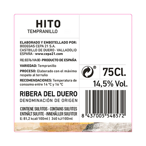 HITO Vino tinto con D.O. Ribera del Duero botella 75 cl.