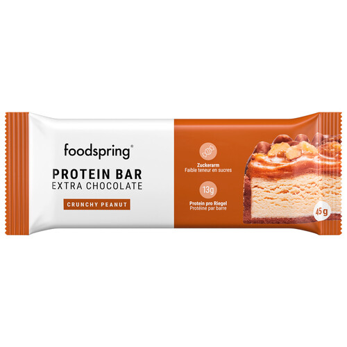 FOODSPRING Barrita de proteinas con extra de chocolate y cacahuete crujiente 45 g.