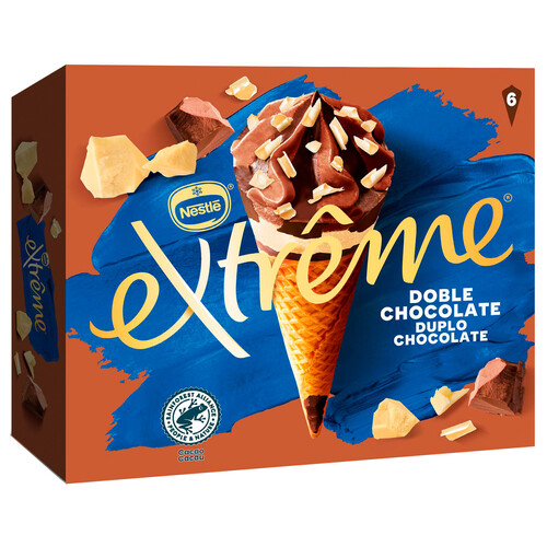 EXTRÈME Cono de helado de chocolate blanco, con leche y negro, con virutas de chocolate blanco 6 x 120 ml.