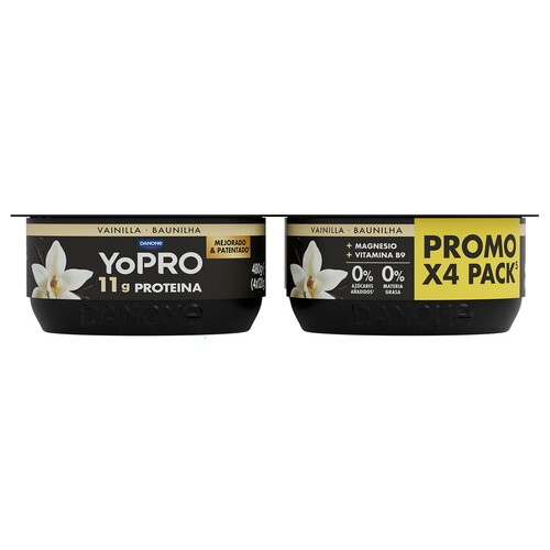 YOPRO de Danone Leche fermentada a vainilla, rico en proteínas y sin azúcares añadidos ni grasa 4 x 120 g.