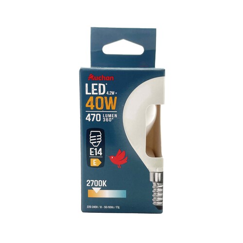 Bombilla Led E14, 4,2W=40W, luz cálida, 470lm, PRODUCTO ALCAMPO, cristal.