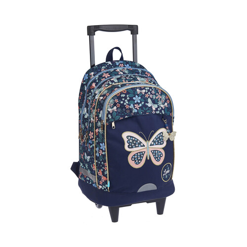 Mochila reforzada con ruedas trolley, varios compartimentos, mariposas, ALCAMPO.