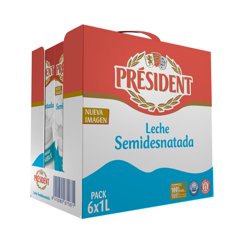 Leche semidesnatada de vaca de origen 100% español PRÉSIDENT 6 x 1 l.