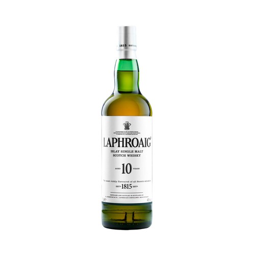 LAPHROAIG Whisky single malt de 10 años, elaborado en Escocia botella 70 cl.