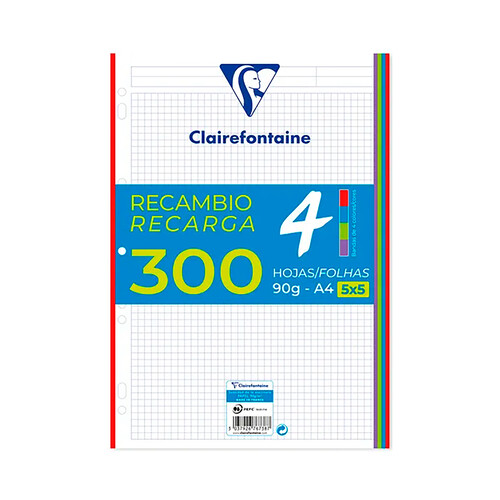 Recambio din A4, 300 hojas, 90gr, cuadro 5mm con bandas de 5 colores vivos, CLAIREFONTAINE.