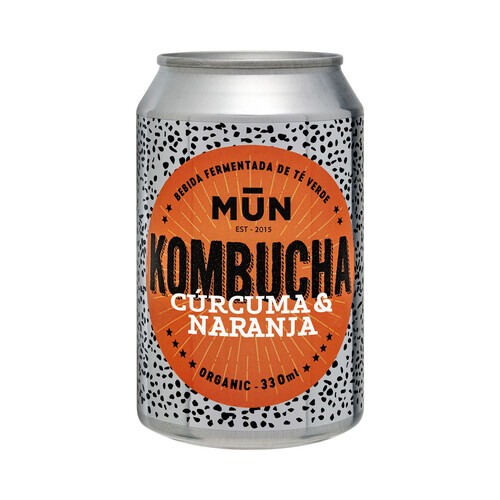 MUN Organic Kombucha (Bebida fermentada de té verde) con cúrcuma y naranja lata 33 cl.