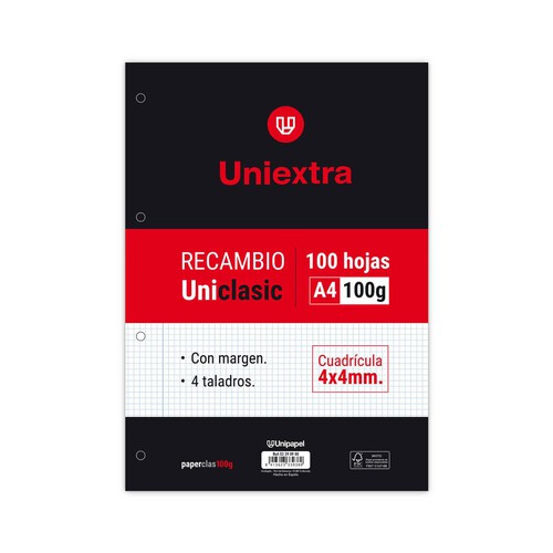 Recambio de 100 hojas tamaño A4, 4 taladros, 90gr, rayado cuadrícula 4x4 con margen, UNIPAPEL.