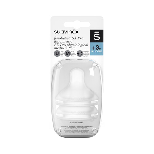 SUAVINEX Tetinas fisiológicas SX Pro de silicona, M (flujo medio), a paritr de 3 meses SUAVINEX 2 uds.