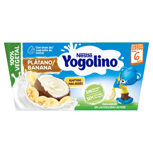 YOGOLINO Postre 100% vegetal con coco y plátano, adapatado para bebés a partir de 6 meses YOGOLINO de Nestlé 4 x 90 g.