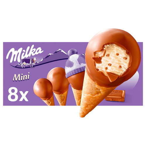 MILKA Mini conos de vainilla con trocitos de chocolate con leche y recubiertos de chocolate 8 x 25 ml.