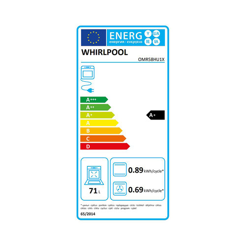 Horno hidrolítico WHIRLPOOL OMR58HU1X INOX, capacidad: 71 Litros, Clase A+, A: 59,5cm, H: 59,5cm, F: 55,1cm.