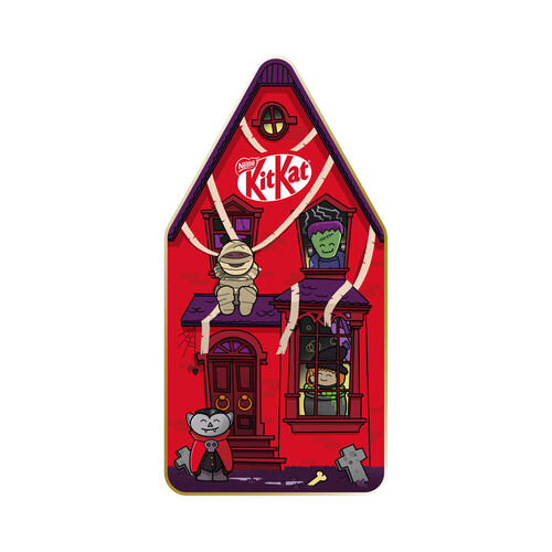 KIT KAT Lata con forma de casa con 4 figuritas uds. chocolate y 4 uds. barritas. 99,6 g.