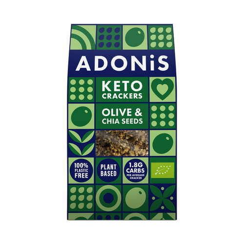 ADONIS Crakers keto ecológicos con semillas de chia y aceitunas 60 g.