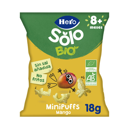 HERO Solo bio Snacks infantiles no fritos y sin azúcares añadidos, de cereales y mango ecológicos, a partir de 8 meses 18 g.