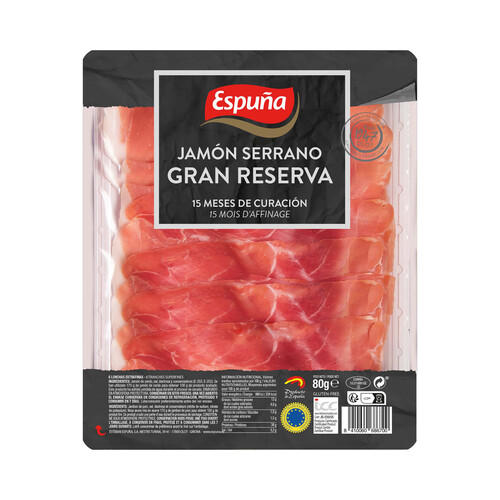 ESPUÑA Jamón serrano gran reserva (15 meses de curación) cortado en lonchas 80 g.