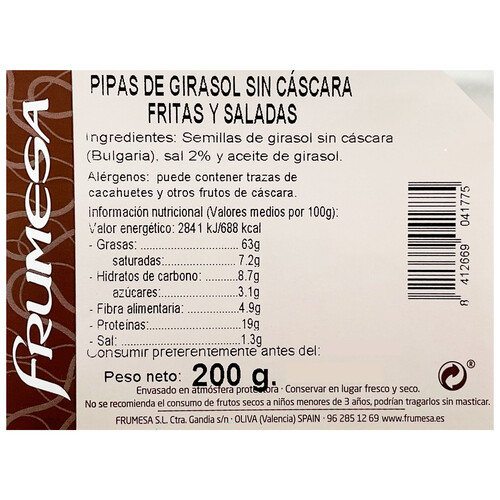 FRUMESA Pipas girasol peladas fritas y saladas 200 g.