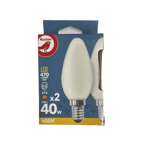 Pack de 2 bombillas Led E14, 4,7W=40W, luz cálida 2700K, 470lm, PRODUCTO ALCAMPO.