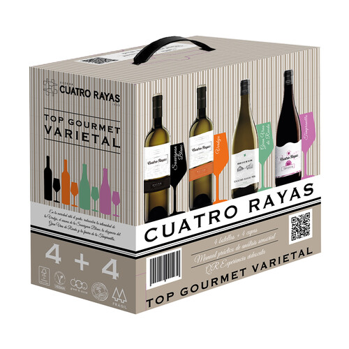 CUATRO RAYAS Caja con 3 botellas de vino blanco  D.O Rueda, Gran vino de Rueda y vino tinto I.G.P Vino de la Tierra de Castilla y León.