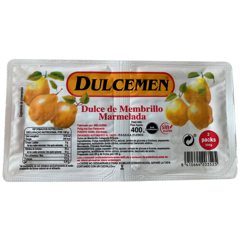 DULCEMEN Dulce de membrillo elaborado sin alergénos y sin gluten 2 x 200 G.