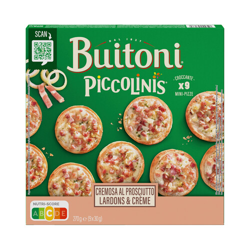 PICCOLINIS Mini pizza congelada con nata agria, cebolla, jamón y bacon de Buitoni 9 x 30 g.