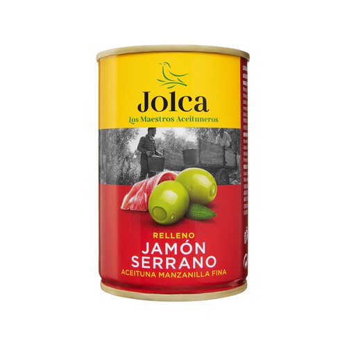 JOLCA Aceitunas verdes manzanilla rellenas de jamón serrano JOLCA lata de 130 g.