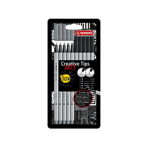 Pack de 10 rotuladores STABILO Crative Tips color negro y gris.