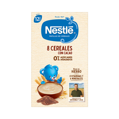 NESTLÉ Papilla de 8 cereales con cacao, sin azúcares añadidos, a partir de 12 meses 475 g.