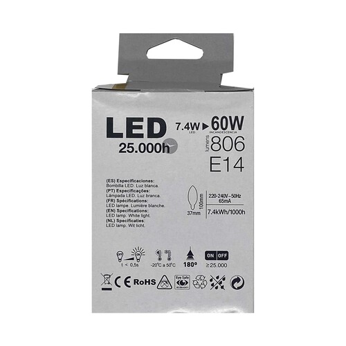 Pack de 2 bombillas Led E14, 7,4W=60W, luz neutra 4000k, 506lm, NINE&ONE.