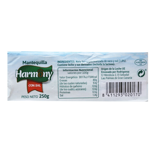 HARMONY Pastilla de mantequilla con sal 250 g.