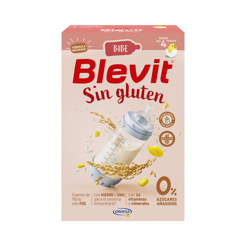 BLEVIT Bibe Papilla de cereales sin gluten, fórmula especial para biberón, a partir de 4 meses 500 g.