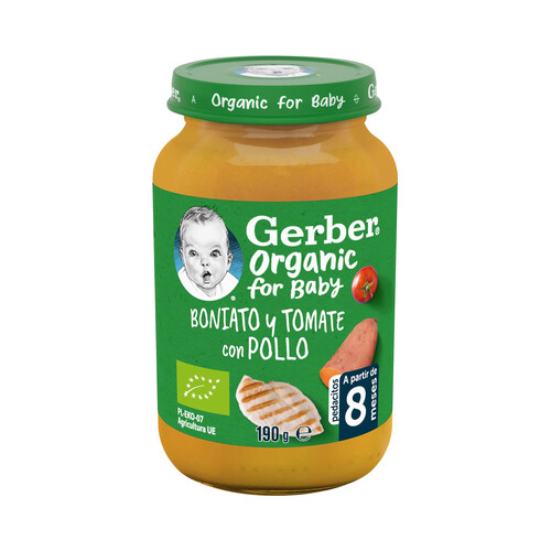 GERBER Organic Tarrito de boniato y tomate con pollo ecológico, a partir de 8 meses 190 g.