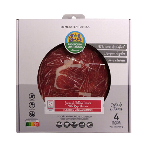 ALCAMPO CULTIVAMOS LO BUENO  Estuche con sobres de jamón de bellota ibérico (50% raza ibérica), cortado en tapas  4 x 100 g.