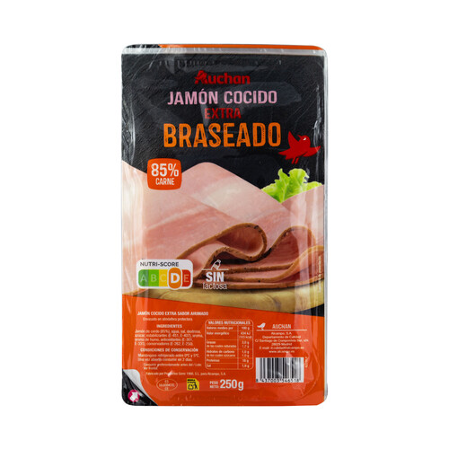 AUCHAN Jamón cocido braseado extra, sin lactosa, cortado en lonchas 250 g. Producto Alcampo
