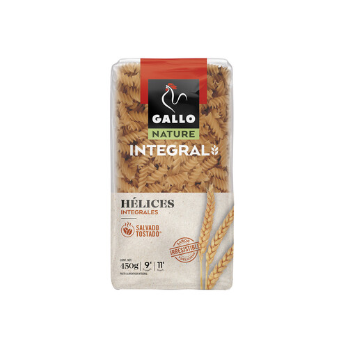 GALLO Pasta hélice integrales, rica en fibra GALLO NATURE paquete de 450 g.