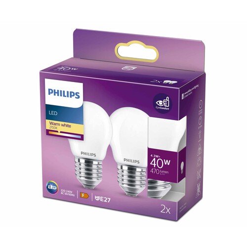 Pack de 2 bombillas Led E27, 4,3W=40W, luz cálida 2700K, 1050lm, PHILIPS.