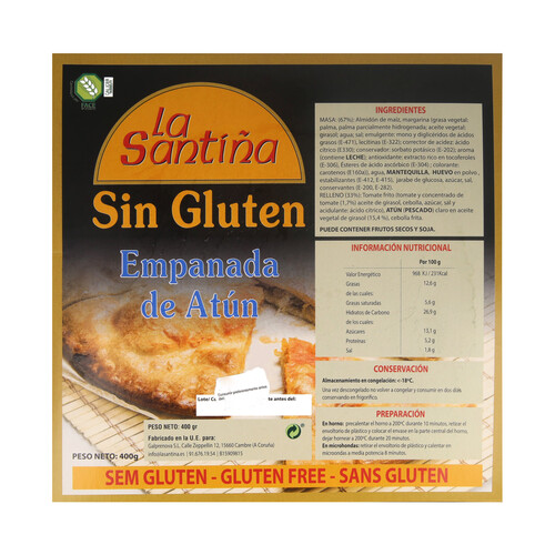 LA SANTIÑA Empanada de atún congelada elaborada sin gluten 400 g.