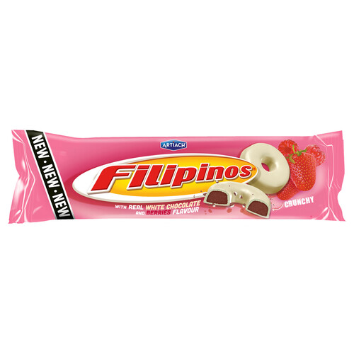 FILIPINOS con chocolate blanco y sabor a fresa 128 g.