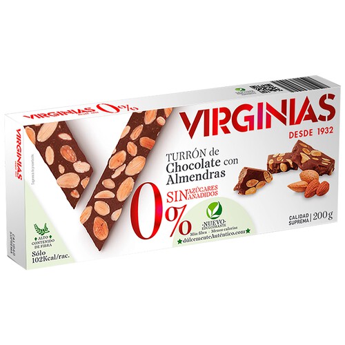 VIRGINIAS Turrón de chocolate con almendras sin azúcares añadidos 200 g.