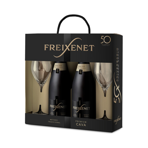 FREIXENET Cordón negro Estuche con 2 botellas de cava semi seco gran selección con D.O Cava + 2 copas.