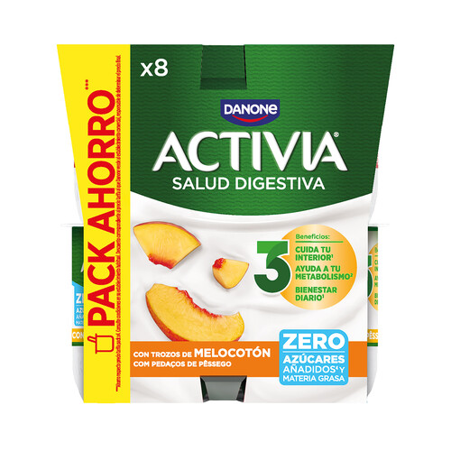 ACTIVIA  de Danone Bífidus desnatado (0% materia grasa) con trozos de melocotón 8 x 120 g.