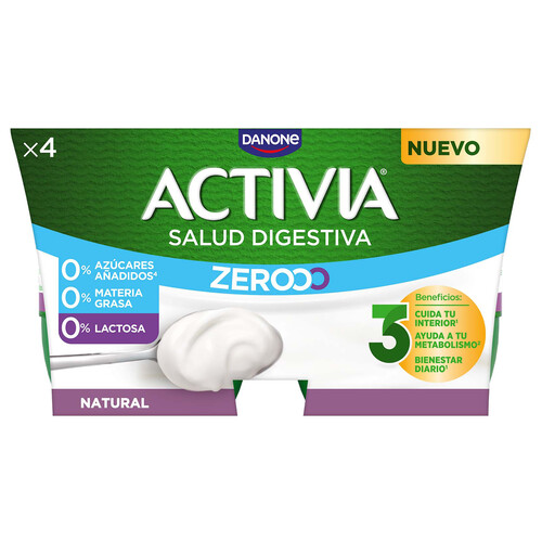 ACTIVIA Triple zero de Danone Bífidus desnatado (0% materia grasa) natural, sin lactosa 4 x 120 g.