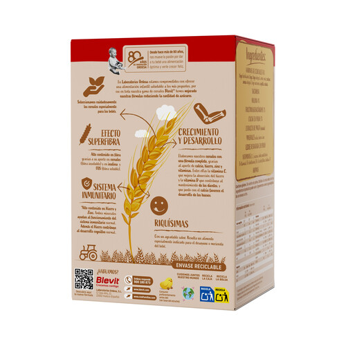 BLEVIT Superfibra Papilla de 8 cereales con cacao, a partir de 12 meses 500 g.